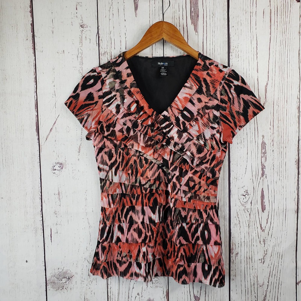 Style & Co. Blouse Womens Size Medium Petite V Neck Layered Animal Print Red